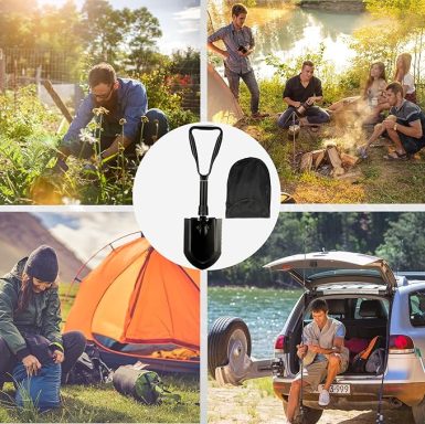Collage of outdoor activities: gardening, camping, and a family by a car and a tent.