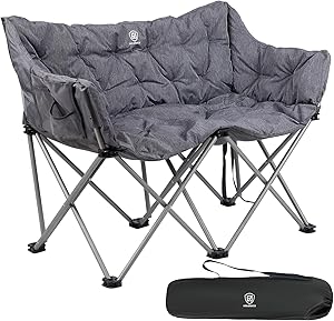 Two-person folding camping chair in grey with a carrying bag.