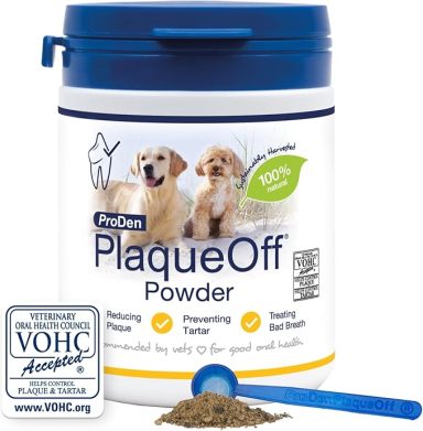 Container of PlaqueOff Powder for pets, featuring two cute puppies on the label.