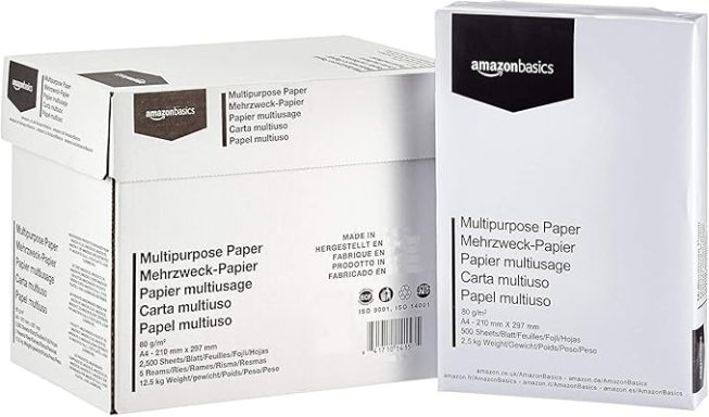 Two boxes of multi-purpose paper, one opened and one closed, with branding visible.