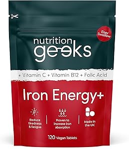 Pack of vegan iron supplement tablets with added vitamin C and B12 for energy support.