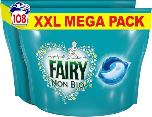 Packaging of Fairy Non Bio washing pods in a large, teal container with a heart design.