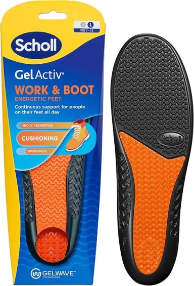 Scholl GelActiv Work & Boot insole with black and orange design for comfort and support.