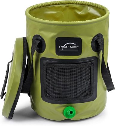 Green collapsible bucket with a lid and a front mesh pocket.