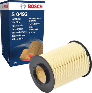 Bosch oil filter S 0492 with yellow pleated media and black end caps, in packaging.