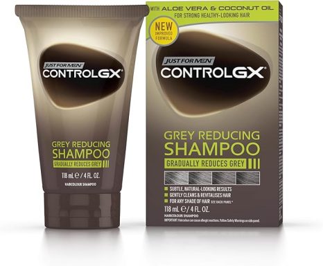 Tube and box of Control GX grey reducing shampoo for men.
