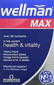 Wellman Max packaging, featuring a triple pack of health and vitality support tablets.