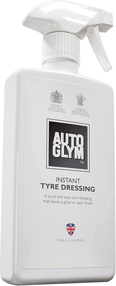 Bottle of Autoglym tyre dressing with spray nozzle and clear label.