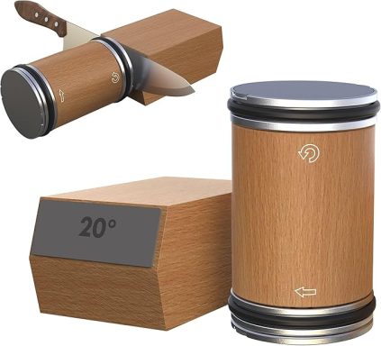 Wooden container with a lid and a knife beside it, featuring a label.