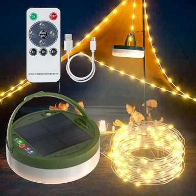 Solar-powered camping light with remote, USB cable, and fairy lights.