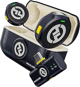 Wireless earbuds with charging case, featuring a logo and battery indicators.