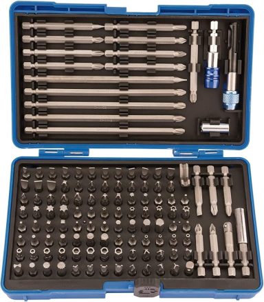 Toolbox containing various sockets, bits, and a ratchet in an organised layout.