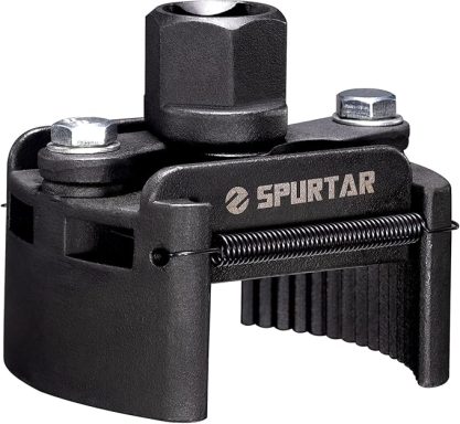 Black adjustable tool with a hex nut and grip for securing or removing items.