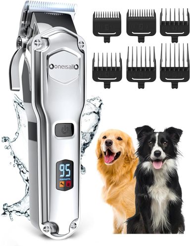 Silver pet grooming clipper with five attachment combs and two dogs.