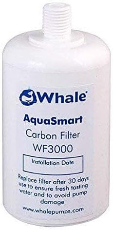 Round white carbon filter for water purification, labelled WF3000.