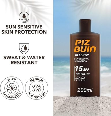 Sunscreen bottle with sun protection info, SPF 15, water-resistant, and allergy-friendly.
