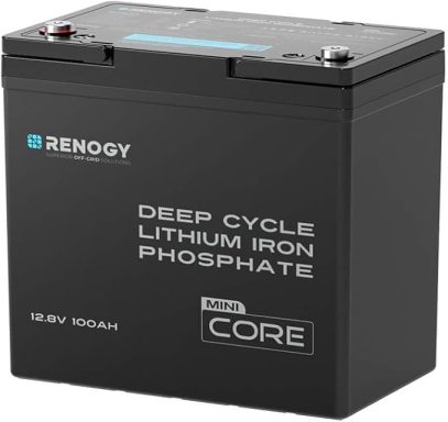 Deep cycle lithium iron phosphate battery by Renogy, 12V, for energy storage applications.