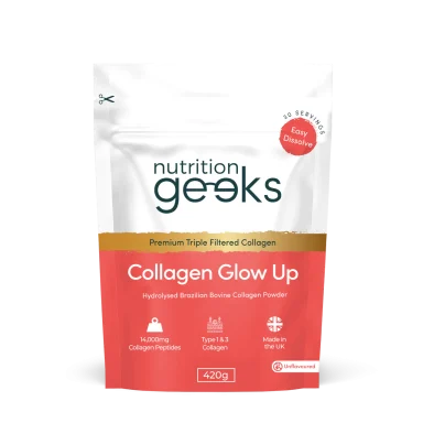 Collagen supplement pouch with a red and white design, labelled "Collagen Glow Up."