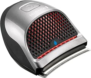 A close-up of a sleek, modern hair clipper with a silver and black design.