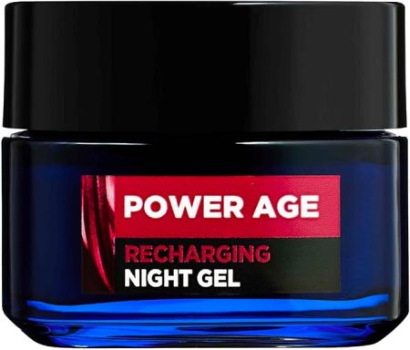 A blue glass jar of Power Age Recharging Night Gel with a black lid.