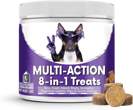 Container of Multi-Action 8-in-1 dog treats with a dog wearing sunglasses and a peace sign.