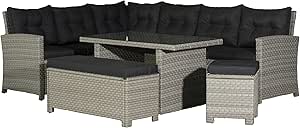 Outdoor seating set with black cushions and a glass top table in a light wicker finish.