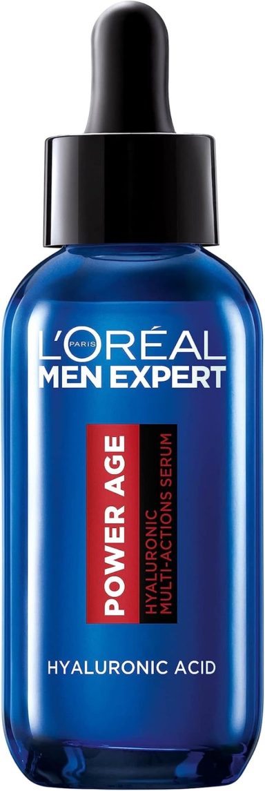 Blue bottle of L'Oréal Men Expert serum for anti-ageing, featuring a pipette for easy application.
