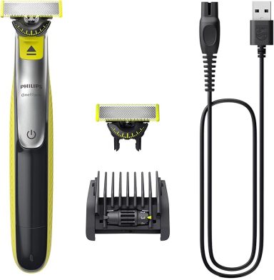Electric trimmer with interchangeable head, comb attachment, and USB charging cable.