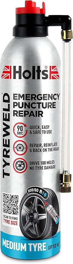 Canister of Holts Tyreweld emergency puncture repair spray for vehicle tyres.