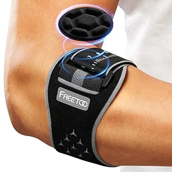 Black elbow support strap with a hexagonal gel pad and adjustable buckle.