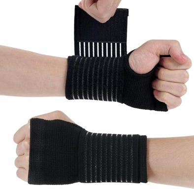Black wrist supports with a textured grip and thumb hole for added stability.