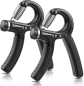 Two black hand grip strengtheners with ergonomic handles and adjustable resistance.