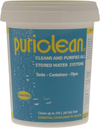 Container of Puriclean for cleaning and purifying stoned water systems.