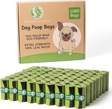 Box of biodegradable dog poop bags with a cartoon dog graphic on the front.