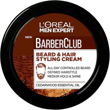 L'Oréal Men Expert Barber Club beard and hair styling cream, medium hold, cedarwood scent.