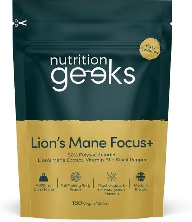 Packaging of Lion's Mane Focus+ supplement by Nutrition Geeks, featuring dark green and gold design.