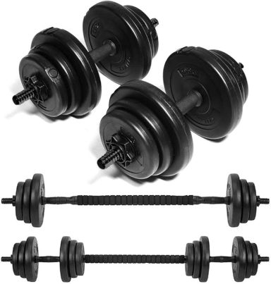 A set of black dumbbells and a barbell with weight plates.