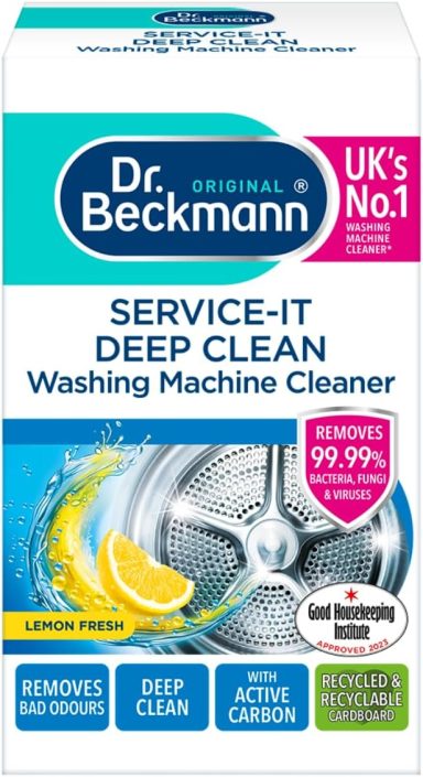 Dr. Beckmann Service-It Deep Clean washing machine cleaner packaging with lemon fragrance.