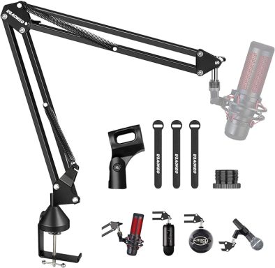 Microphone stand with adjustable arms and various accessories for audio setup.