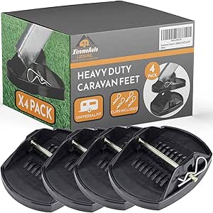 Pack of four heavy-duty caravan feet with a sturdy grip for stabilising vehicles.