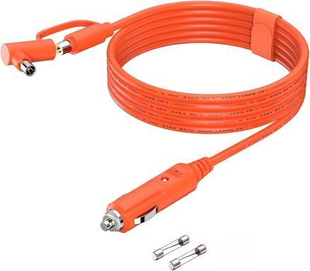 Orange power cable with a car cigarette lighter plug and two connectors.