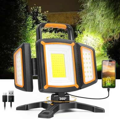 Portable LED work light with adjustable arms and phone charging capabilities.