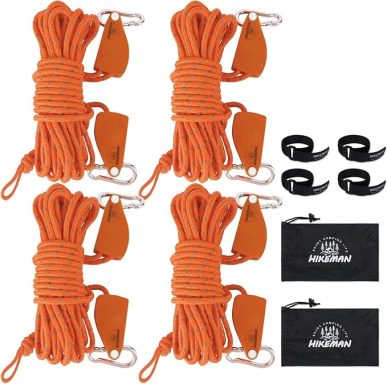Four sets of orange ropes with clips and black storage pouches.