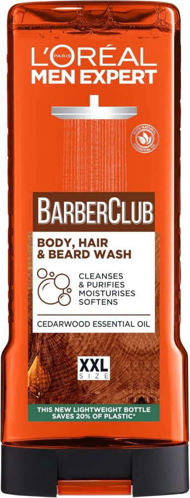 L'Oréal Men Expert Barber Club body, hair, and beard wash in an orange bottle.