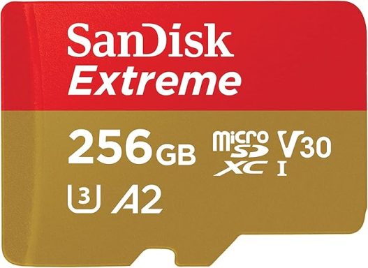 SanDisk Extreme 256GB microSD card with read/write speed ratings and App Performance Class.