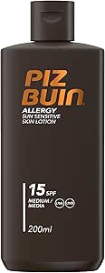 Piz Buin allergy sun lotion, SPF 15, 200ml bottle, dark packaging with orange accents.