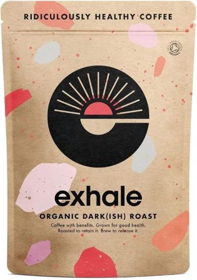 Packaging for Exhale organic dark roast coffee with a minimalist design and vibrant splashes of colour.