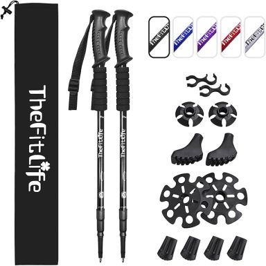 Hiking poles with accessories, including tips and caps, in a carrying bag.
