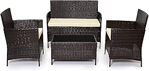 Outdoor rattan furniture set with two armchairs, a loveseat, and a glass-top table.