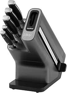 Set of kitchen knives in a black block, featuring multiple blades and a sleek design.